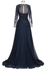 A-line Long Sleeves Plus Size Floor Length Crystals Tulle Prom Dresses